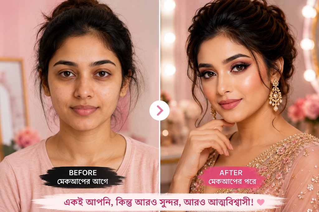 মেকআপের আগে ও পরে — একই আপনি, কিন্তু আরও সুন্দর, আরও আত্মবিশ্বাসী